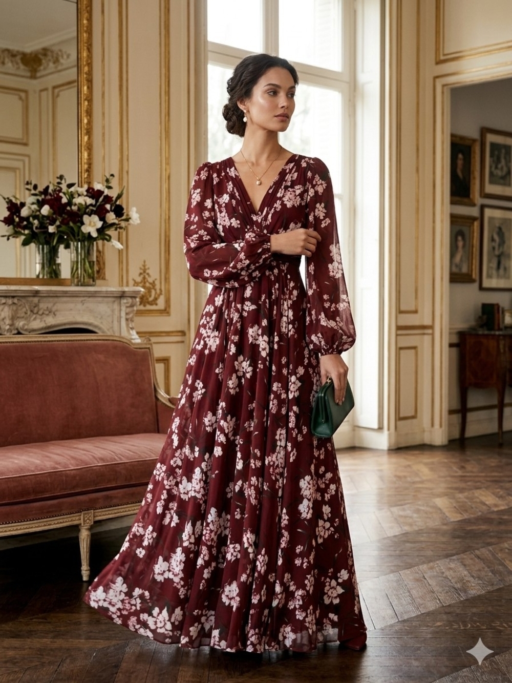 Mac Duggal Burgundy and White Floral Chiffon V‑Neck Maxi Dress